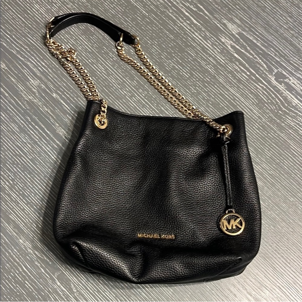 Michael Kors Black Pebbled Leather Shoulder Tote with Gold Chain Strap